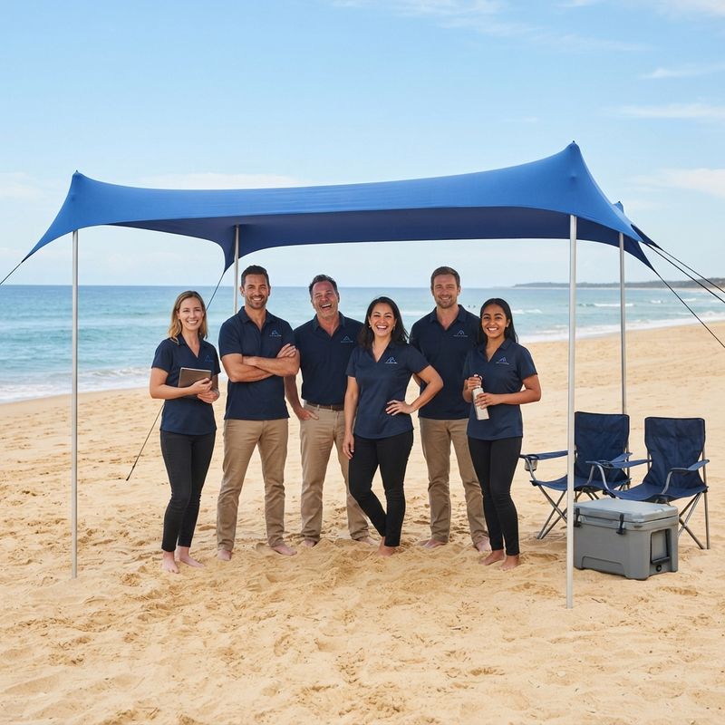 The UMARDOO team under a pitched beach sun canopy on open sand