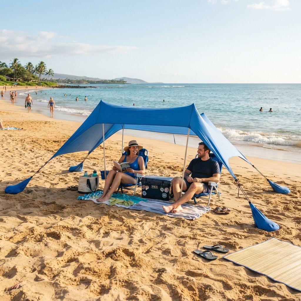 Blue UMARDOO family beach canopy pitched on open sand